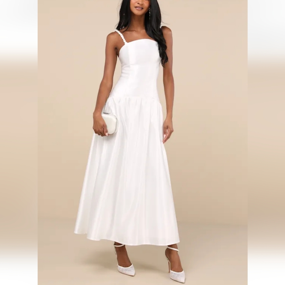 MWT Lulus Modern Adoration White Satin Backless Lace- Up Maxi Dress